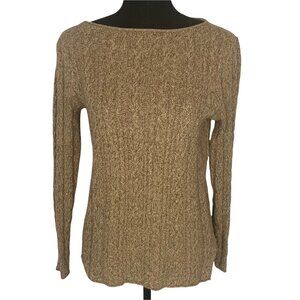RALPH LAUREN Women Cable Knit Sweater Boatneck Pullover Cotton Sz M Brown 48-16